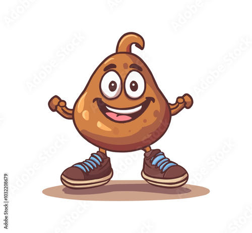 Cartoon groovy poop character, shit emoticon. Poop cartoon groovy 70s vector emoji. Poo happy groovy personage or toilet shit cute character happy smiling while walking in sneakers