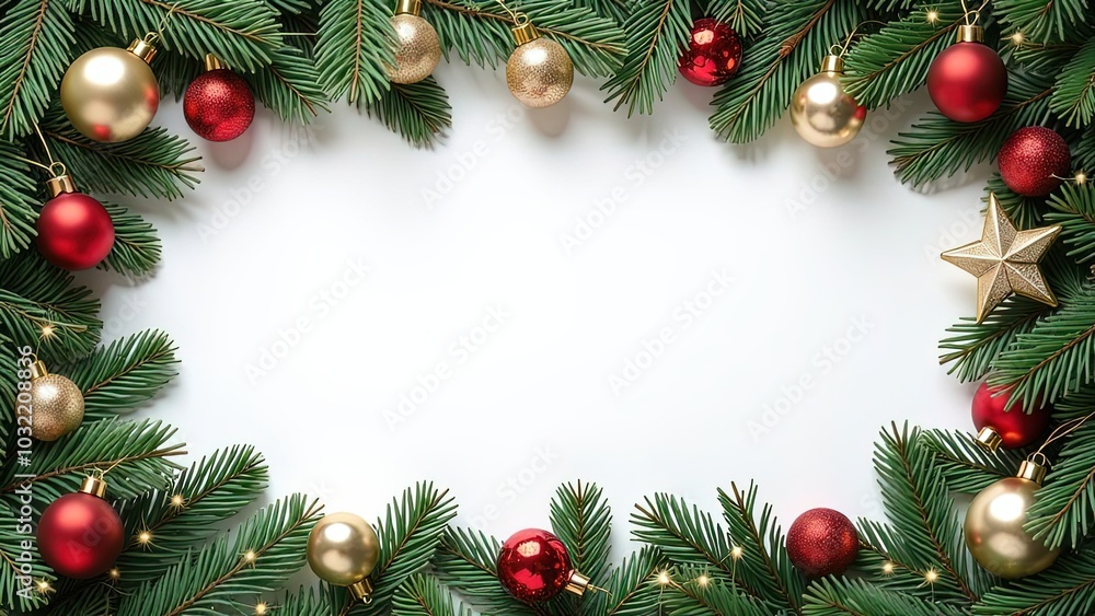 christmas frame with christmas tree branches and balls, white background christmas frame with christmas tree branches and balls, white background
