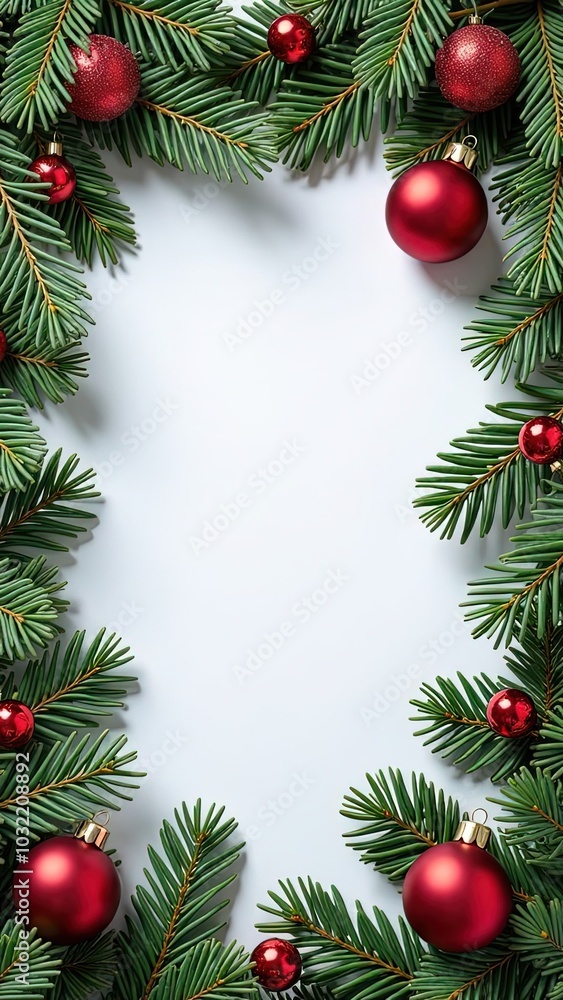 christmas frame with christmas tree branches and balls, white background christmas frame with christmas tree branches and balls, white background