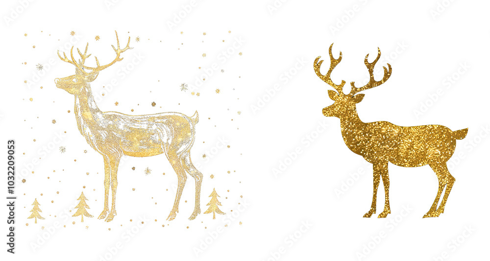 Obraz premium Gold glitter deer for poster prints, sticker, bag, mug, hat, shiny, gold, gold glitter, gold sequins, christmas ornament