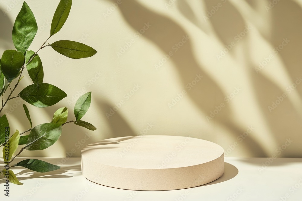 Minimalistic Beige Podium Amidst Green Foliage with Soft Natural Lighting and Serene Forest Background Minimalistic Beige Podium Amidst Green Foliage with Soft Natural Lighting and Serene Forest Background