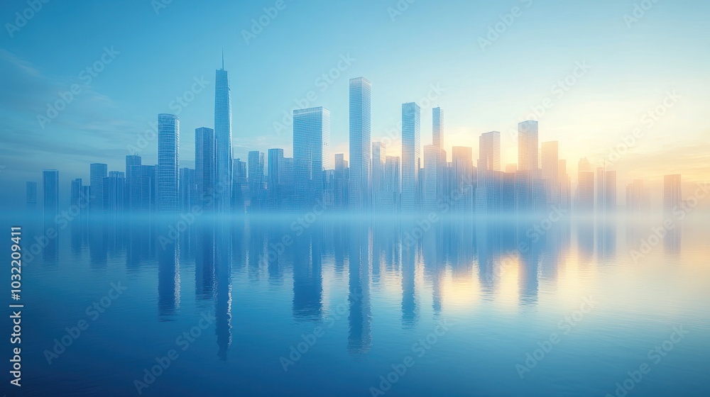 A modern city skyline reflected in a calm body of water at sunrise. The cityscape is shrouded in a hazy, ethereal mist, creating a sense of mystery and wonder. A modern city skyline reflected in a calm body of water at sunrise. The cityscape is shrouded in a hazy, ethereal mist, creating a sense of mystery and wonder.
