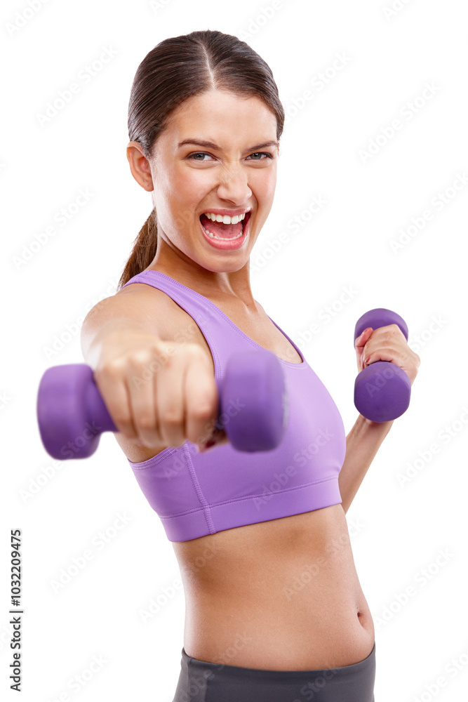 Naklejka premium Training, portrait and woman with dumbbell in studio for resilience challenge, exercise and endurance. Athlete, power and person with gym equipment for muscle, strength or workout by white background