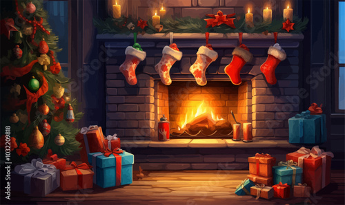 Christmas stockings hanging by the fireplace with a crackling fire and wrapped gifts below. Vector illustration.