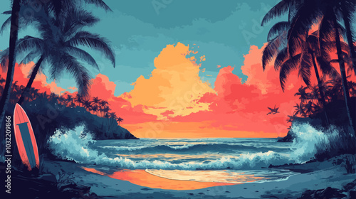 Stylized vector of a vibrant tropical beach with palm trees, ocean waves, and a surfboard.