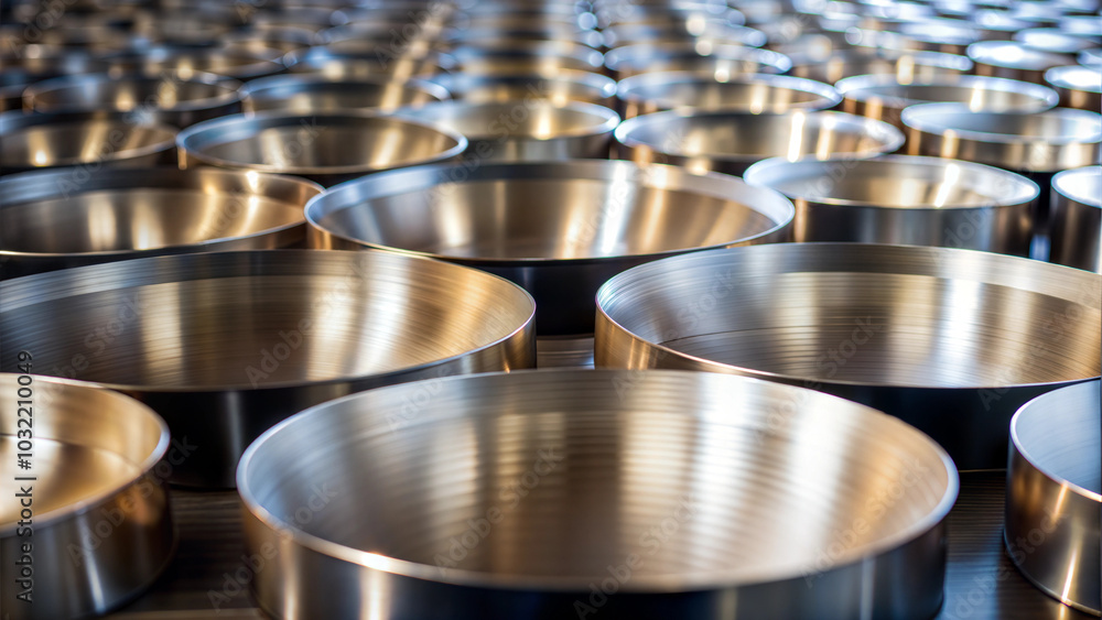 Rows of stainless steel bowls in industrial manufacturing setting.