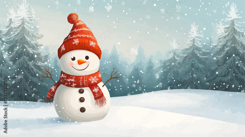 Vector image of snowman wearing scarf and hat in snowy field with pine trees. Vector image of snowman wearing scarf and hat in snowy field with pine trees.