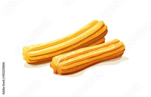 Cartoon Mexican churros. Two golden churro sticks with a crispy exterior and warm, sugary texture, evoking a sense of indulgence and sweetness. Isolated vector traditional tex mex pastry, bakery meal