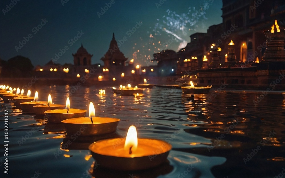 Burning candles in water for Diwali holiday, created with Generative AI technology. Burning candles in water for Diwali holiday, created with Generative AI technology.