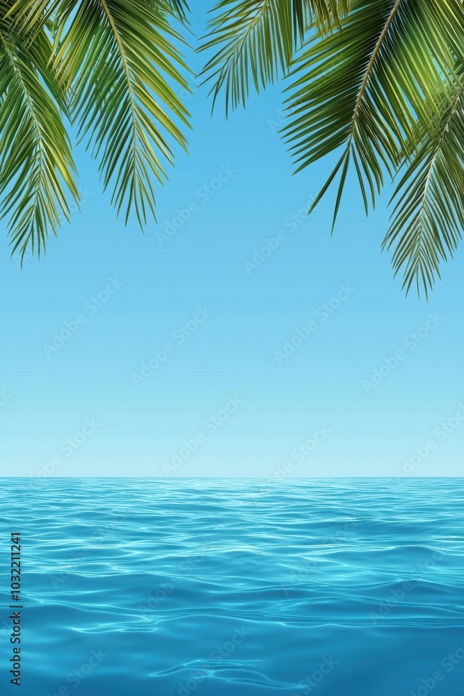 A serene tropical scene featuring lush palm leaves framing a tranquil ocean with crystal clear blue waters under a bright sky. A serene tropical scene featuring lush palm leaves framing a tranquil ocean with crystal clear blue waters under a bright sky.