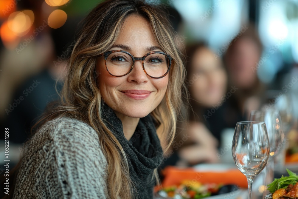 A young woman with long brown hair and glasses smiles at the camera while sitting at a table in a restaurant. A young woman with long brown hair and glasses smiles at the camera while sitting at a table in a restaurant.