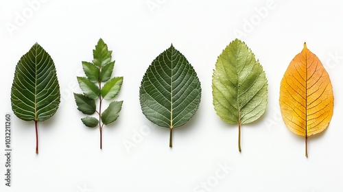 Five leaves arranged in a row, showing different shades of green and yellow, representing seasonal change photo