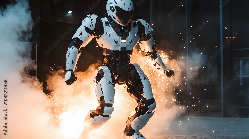 Fototapeta premium anime robot onesie costume. sparks and smoke from its movement