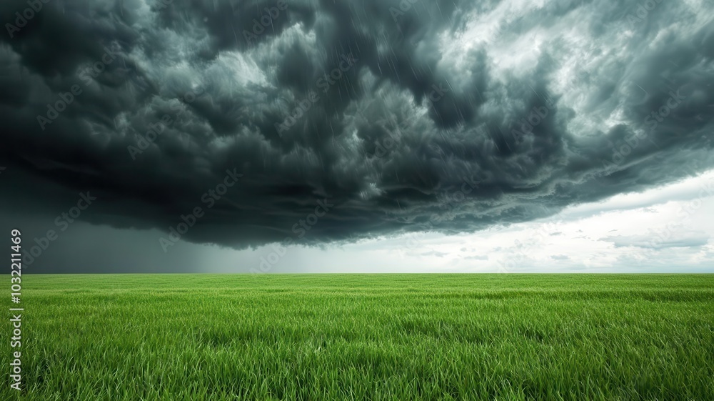 Storm moving across an open field, with visible sheets of rain falling, storm, field storm Storm moving across an open field, with visible sheets of rain falling, storm, field storm