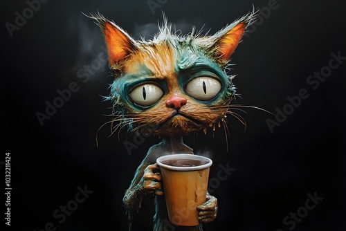 A cartoon cat with a tired expression holds a steaming cup of coffee, desperately needing a caffeine boost. photo