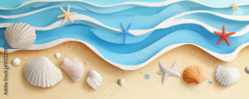 Sea waves paper cut banner with seashells and star fish. 3d vector summer beach with layered sand and ocean waves, shells, starfish and sparkling blue water, evoking relaxing, summertime atmosphere