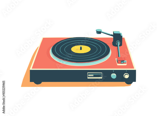 Flat design vector of a retro vinyl record player with a spinning disc.