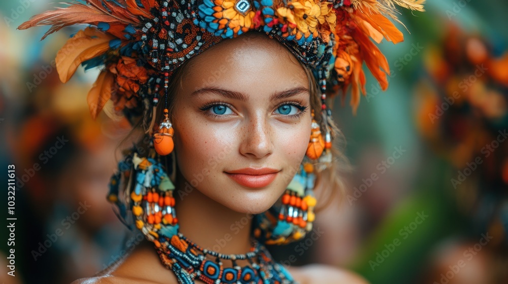 A young woman with blue eyes wearing a colorful traditional headdress and necklace smiles at the camera. A young woman with blue eyes wearing a colorful traditional headdress and necklace smiles at the camera.