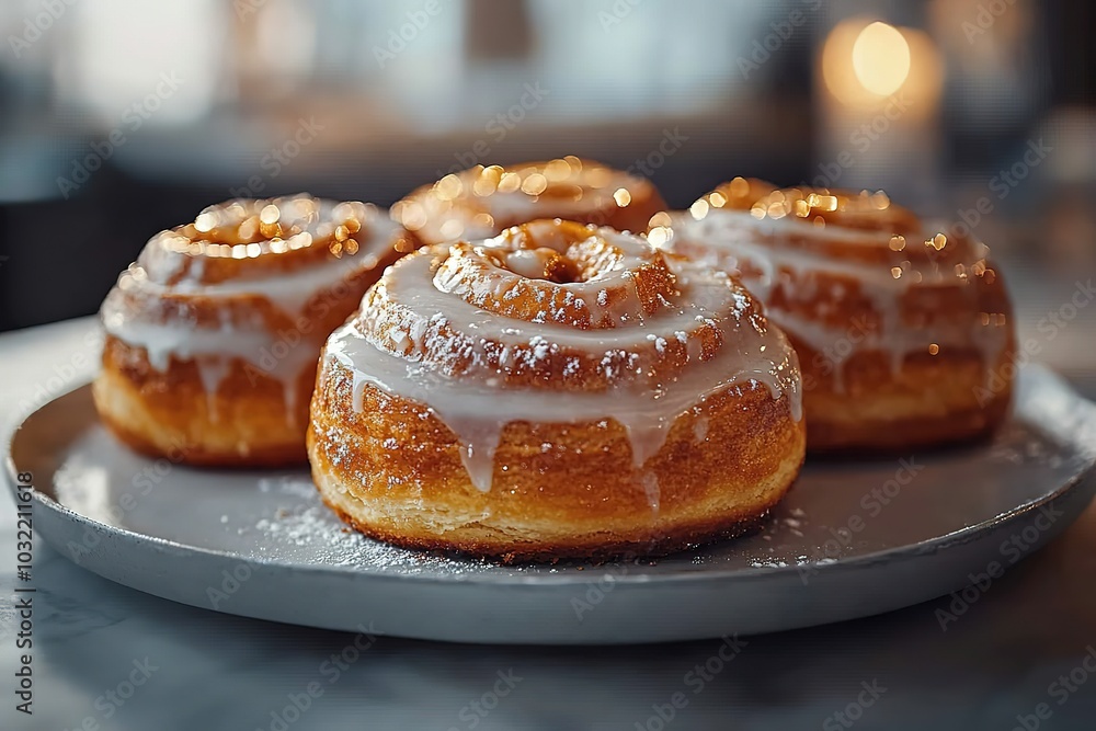 A plate of four cinnamon rolls with powdered sugar on top A plate of four cinnamon rolls with powdered sugar on top