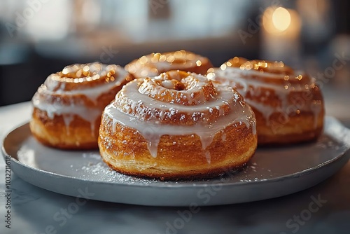 A plate of four cinnamon rolls with powdered sugar on top