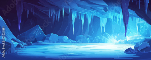 Ice cave landscape, illuminated by a glowing blue light. Cartoon vector majestic scene captures the ethereal beauty and tranquility of an untouched, natural icy cavern with frozen water and icicles