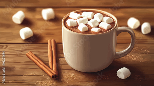 Flat design mug filled with hot chocolate, marshmallows, and a cinnamon stick on a wooden table.