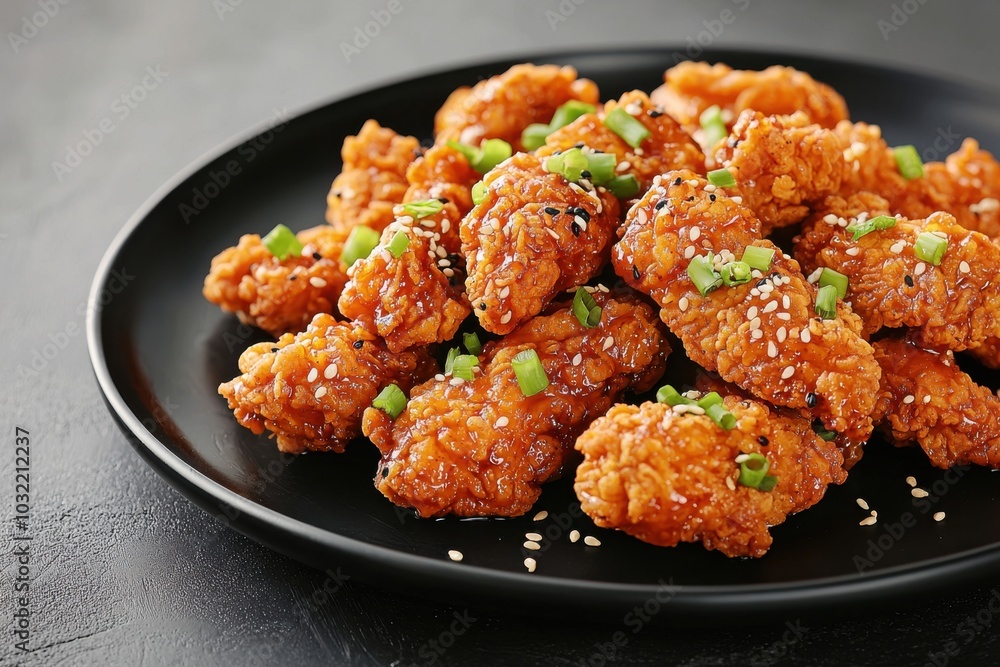 A close-up of crispy, golden-brown chicken pieces garnished with green onions and sesame seeds, served on a black plate. A close-up of crispy, golden-brown chicken pieces garnished with green onions and sesame seeds, served on a black plate.