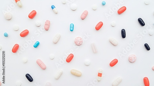 Close-Up of Various Medicine Pills, Tablets, and Capsules Neatly Arranged on a Clean White Background, Showcasing Vibrant Colors for a High-Quality Medical Stock Image.