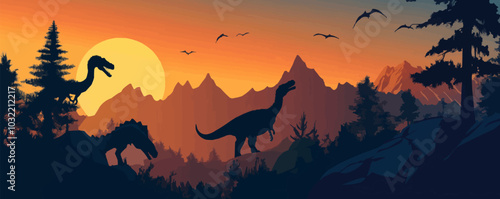 Giant dinosaur silhouettes in Jurassic era sunset in prehistoric forest, vector background. Dinosaurs and giant lizard silhouettes in mountain valley landscape with sun in sky for paleontology museum