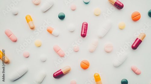 Close-Up of Various Medicine Pills, Tablets, and Capsules Neatly Arranged on a Clean White Background, Showcasing Vibrant Colors for a High-Quality Medical Stock Image.