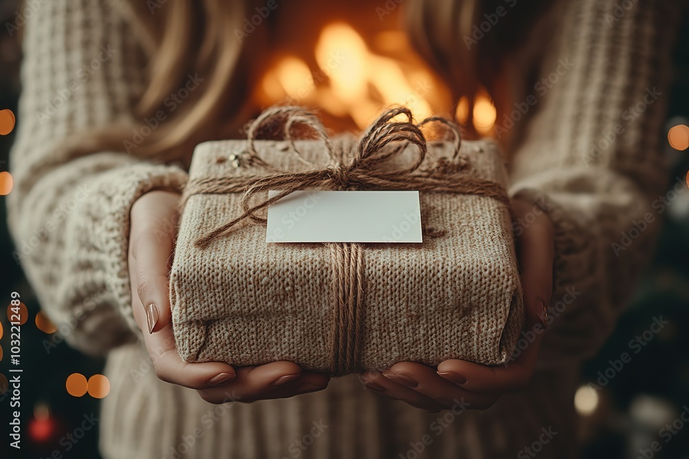 A woman is holding a brown box with a white tag on it A woman is holding a brown box with a white tag on it