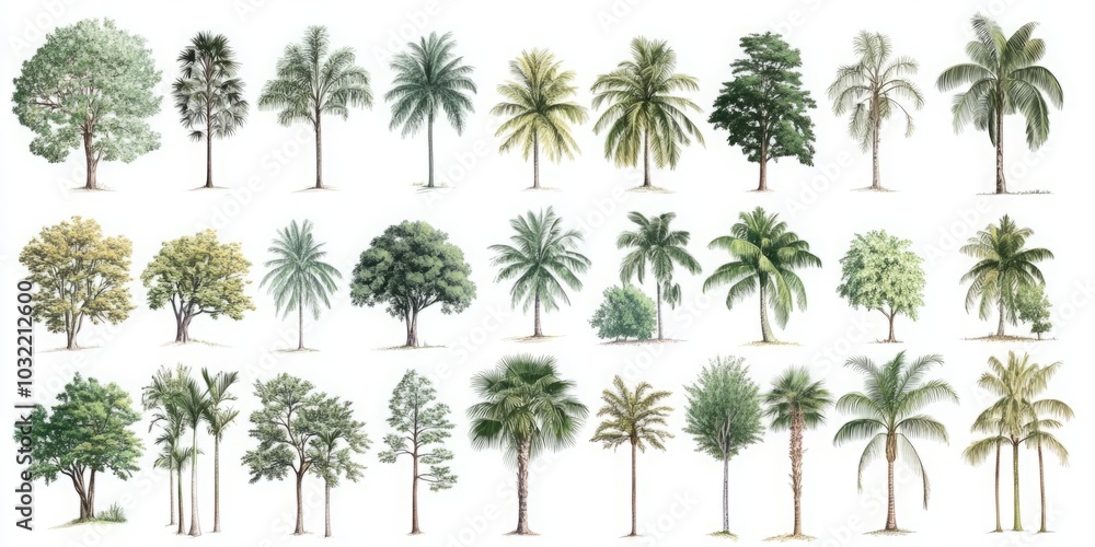 Collection of Various Tree Species and Palm Varieties Showcasing Nature's Diversity, Perfect for Botanical Illustrations and Landscaping Designs. Collection of Various Tree Species and Palm Varieties Showcasing Nature's Diversity, Perfect for Botanical Illustrations and Landscaping Designs.