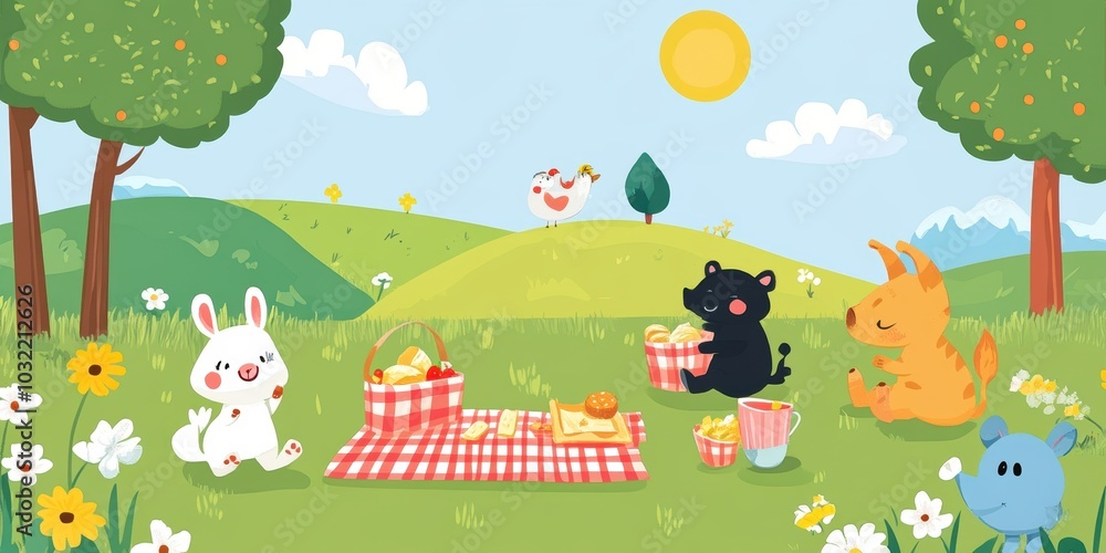 Animals having a picnic in the park. Animals having a picnic in the park.