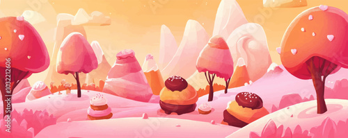 Pink candy land background for game level ui design with cookies and caramels, marshmallow trees and confectionery hills. Cartoon vector sweet dessert childish dreamland panorama with cute sugar food.