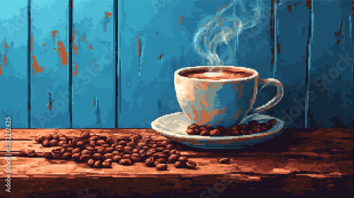 Retro pixel image of steaming cup of coffee on wooden table with coffee beans scattered.