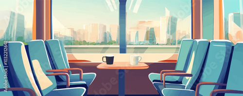 Train inside with seats by window. Vector cartoon illustration of passenger car or metro compartment with comfortable chairs, coffee cup on table, modern cityscape view, urban commuting service