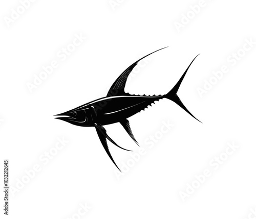 Vector of a swordfish swimming swiftly through water, silhouetted on a white background.