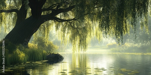 A willow tree over a calm pond with lily pads.