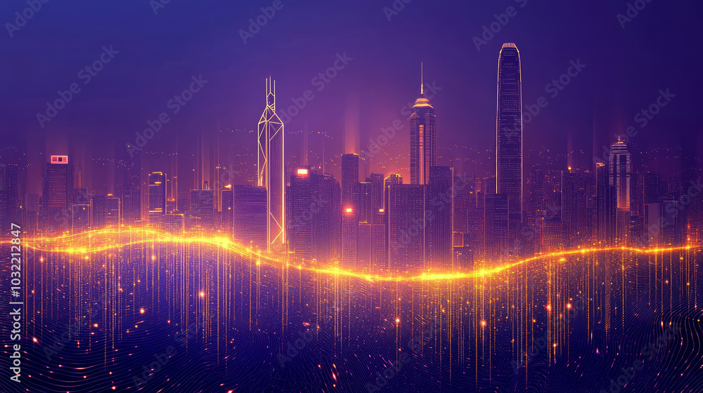 City landmark building purple light lines business science and technology theme illustration City landmark building purple light lines business science and technology theme illustration