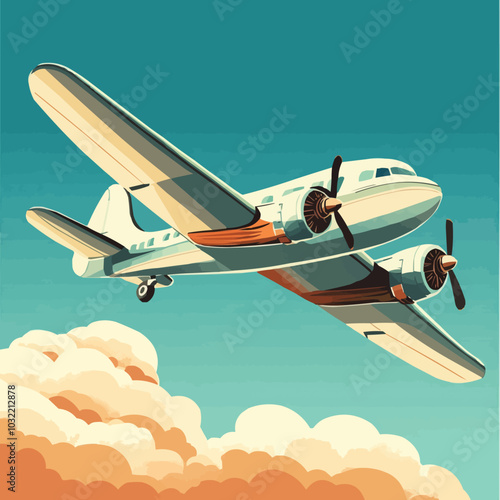 Stylized vector of a retro airplane with a propeller and curved wings, flying above clouds.