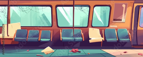 Abandoned train inside with damaged seats by broken window. Vector cartoon illustration of old passenger car, dirty metro compartment with dusty chairs, cobweb on walls, garbage on table, bad service