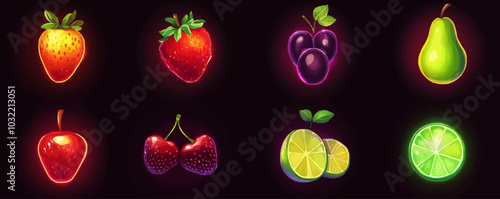 Fruits cartoon vector set for mobile game ui or casino slot design. gambling machine symbols or bonus gift elements of pear and strawberry, lime slice and cherry, blackberry with glow effect.