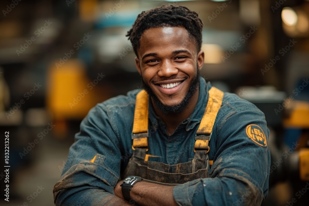 A young, smiling African American man wearing a blue work shirt and overalls stands in a factory setting. He looks confident and proud of his work. A young, smiling African American man wearing a blue work shirt and overalls stands in a factory setting. He looks confident and proud of his work.