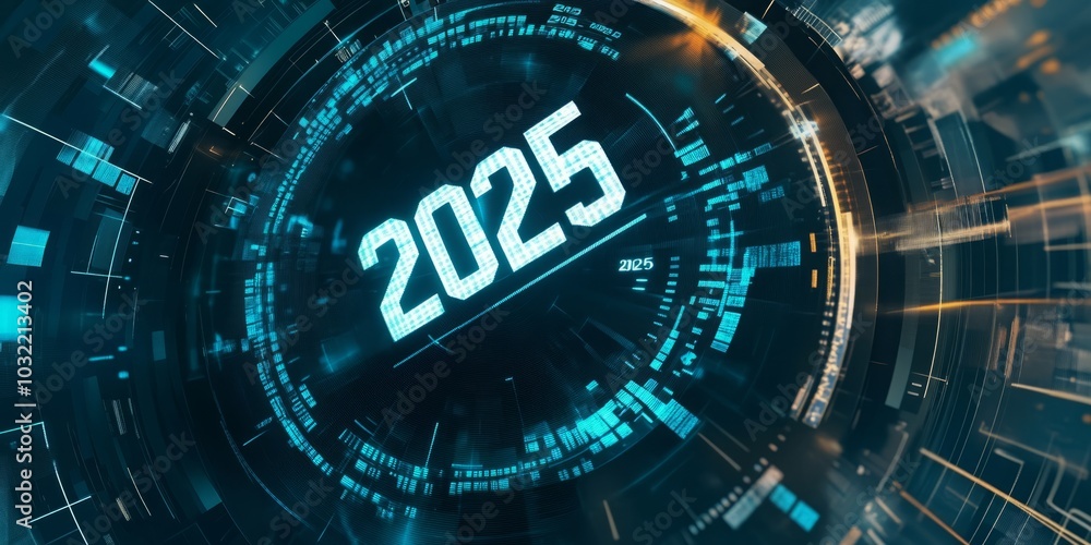 Futuristic Digital Countdown Clock Displaying Time Until 2025, Symbolizing Technological Advancement, Progress, and the Concept of Time in Modern Innovation. Futuristic Digital Countdown Clock Displaying Time Until 2025, Symbolizing Technological Advancement, Progress, and the Concept of Time in Modern Innovation.