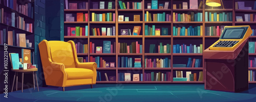 Night bookstore interior with books on wooden shelves. Vector cartoon illustration of dark room with literature on shelves, postcard rack, yellow armchair, cash register on counter, souvenirs on wall