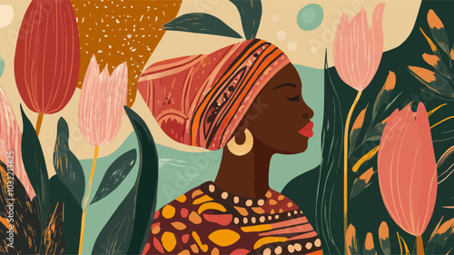 Ethnic abstract art. Vector illustration of hand drawn authentic abstract shapes, tulips pattern, african woman in headscarf and seamless ornament for background, poster or cover