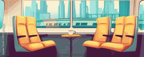Train inside with seats by window. Vector cartoon illustration of passenger car or metro compartment with comfortable chairs, coffee cup on table, modern cityscape view, urban commuting service