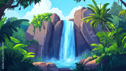 Waterfall cascading down a rocky mountain, surrounded by vibrant green plants and trees. Cartoon vector serene landscape of a jungle or prehistoric era environment, game assets or natural element