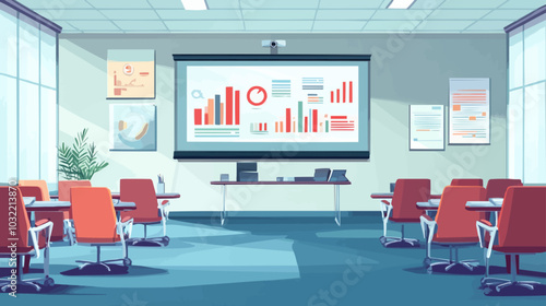 Flat business meeting room with a projector showing business data trends and key statistics. Vector illustration.