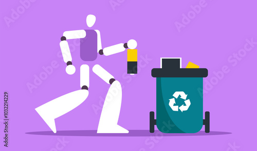 Assortment of electronic waste in special bin. AI Bot throwing trash into basket. Recycling concept. Recycling container with sorted garbage and shredding. Flat vector illustration.